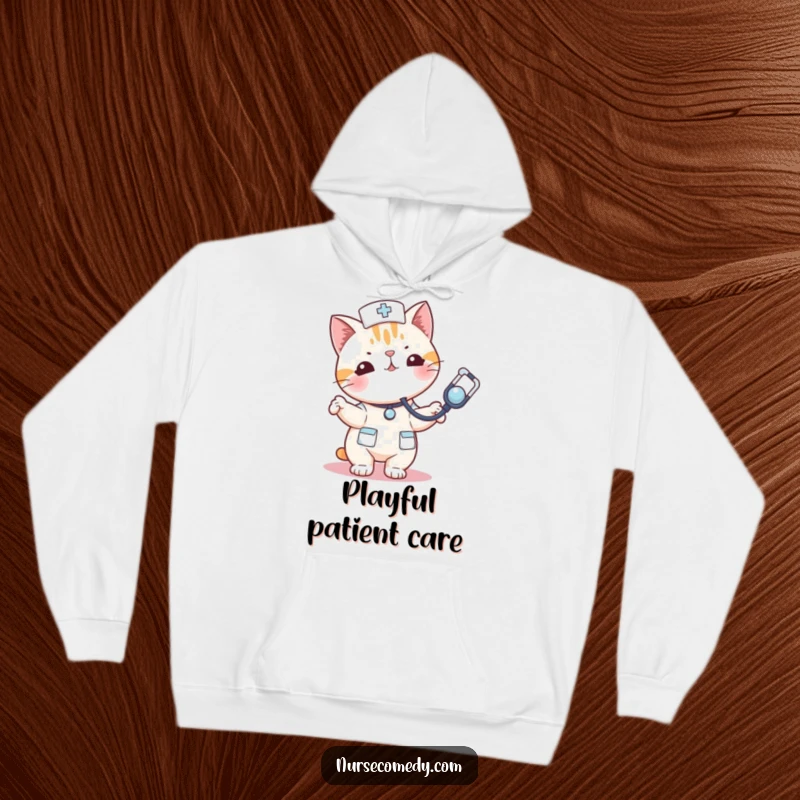 Funny kawaii cat nurse hoodie playfully tossing a stethoscope like a toy, offering warmth and feline charm.