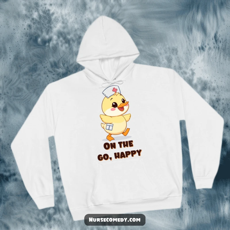 Funny Kawaii Duck Nurse Hoodie, adorable cartoon duck waddling enthusiastically with a wide smile, perfect for cheerful comfort.