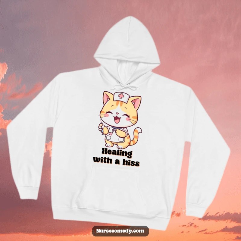 Funny cat nurse character with a cheerful smile holding a syringe, featured on a soft hoodie, offering warmth and a funny gift idea.