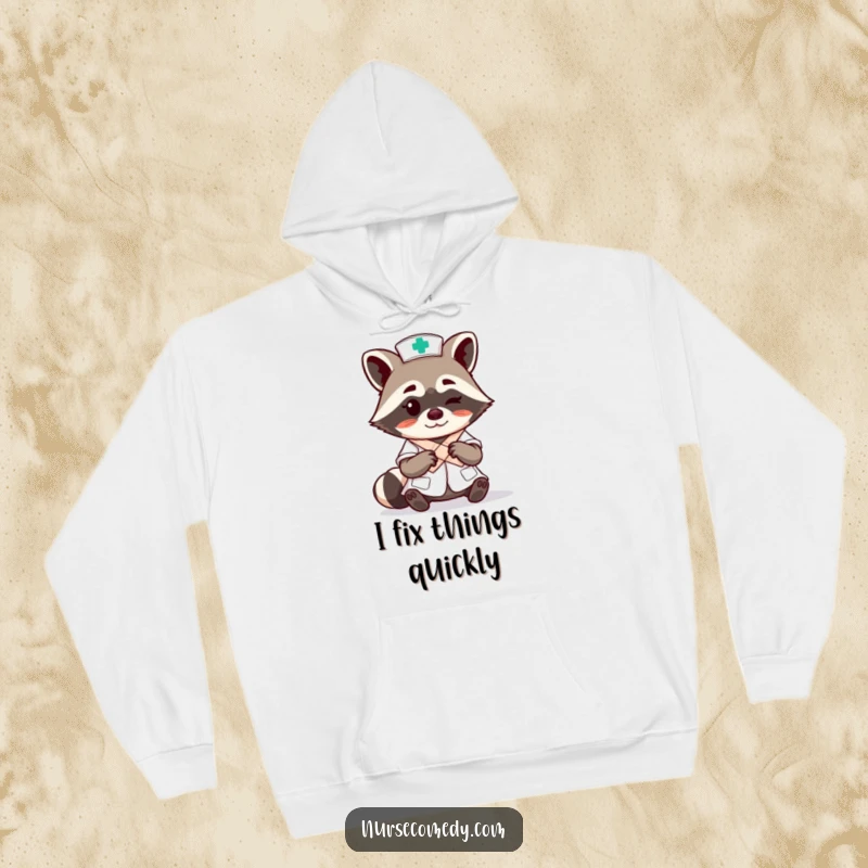 Funny raccoon nurse character expertly tying a bandage with a wink on a warm hoodie, perfect for cozy comfort.