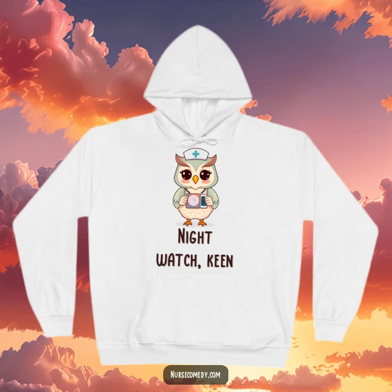 Funny hoodie featuring an owl nurse character diligently checking a heart monitor display for critical patient data.