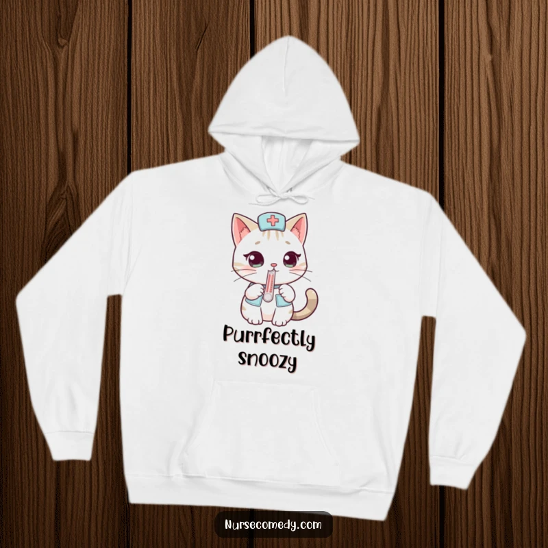 Funny cat nurse hoodie showcasing a curious cat with a thermometer, perfect for cozy, humorous moments and as a gift.