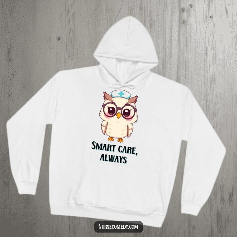 Funny Kawaii Owl Nurse HoodiePeering Through Oversized Spectacles with a Smile, Cozy and Funny Gift