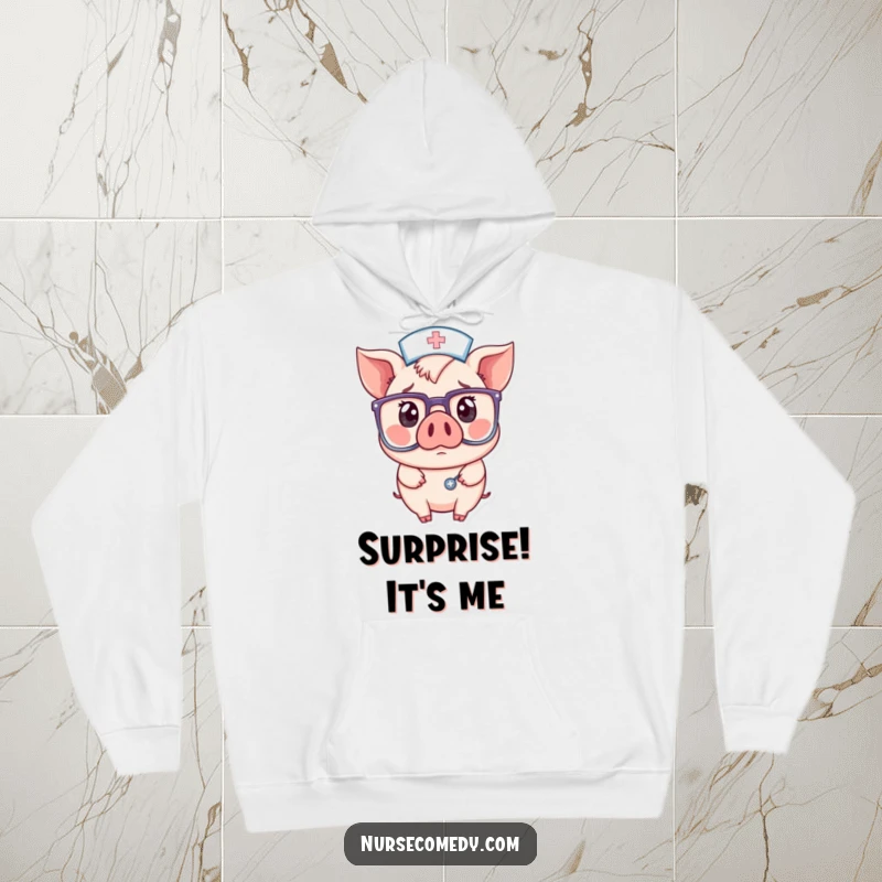 Funny hoodie featuring a cute kawaii pig nurse looking comically surprised, peering through oversized glasses with a questioning and endearing expression.