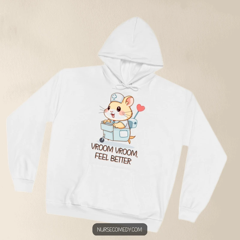 Funny hamster nurse hoodie, a hamster in scrubs zipping with a medicine cart, offering cozy warmth and a humorous depiction of rapid nursing.