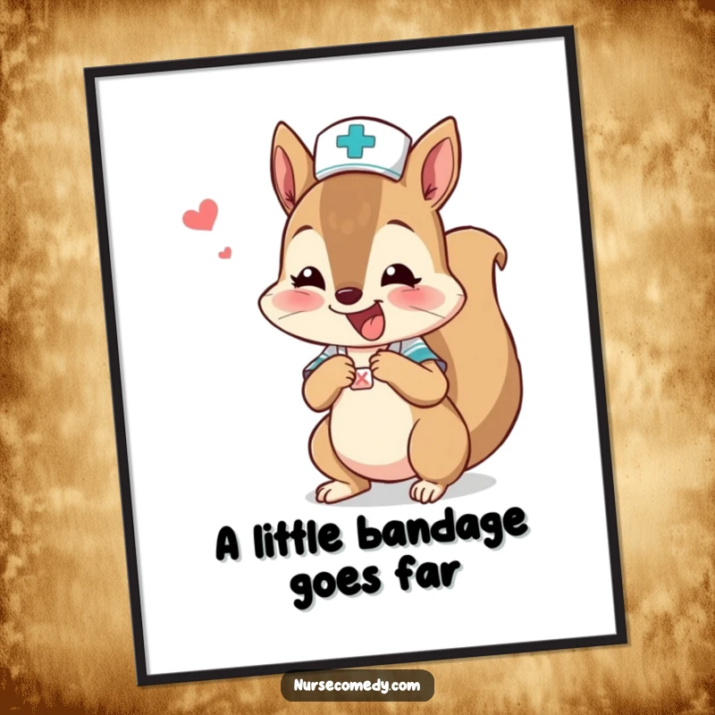Funny Free Printable Wall Art: An excited squirrel nurse character bandages a tiny boo-boo with care.