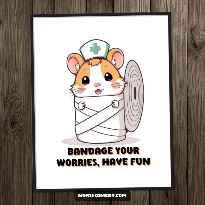 Curious Free Printable Hamster Nurse Wall Art: A cute hamster nurse peeks from behind a large bandage roll, adding charm.