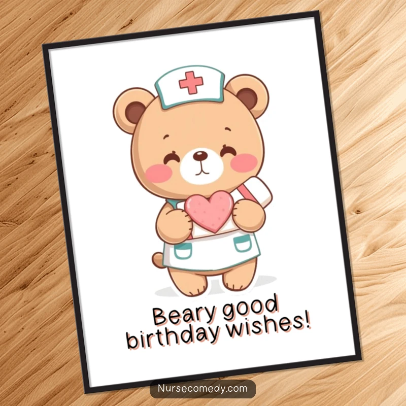 Funny Free Printable Wall Art: A friendly bear nurse character gently holding a bandage prominently featuring a sweet, red heart.