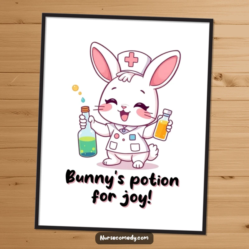 Funny Free Printable Wall Art: An energetic bunny nurse character enthusiastically administering a swirling, colorful magical potion.