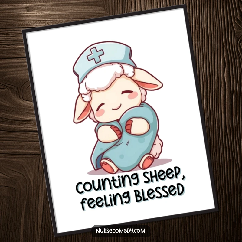 Funny Free Printable Wall Art: Sleepy sheep nurse character in a nightcap, holding a comfort blanket, radiating calm and coziness.