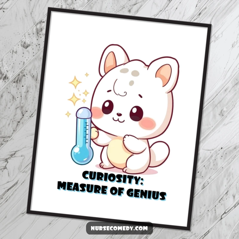Funny Free Printable Wall Art of a curious kawaii animal examining a sparkling thermometer, adding a humorous touch to decor.