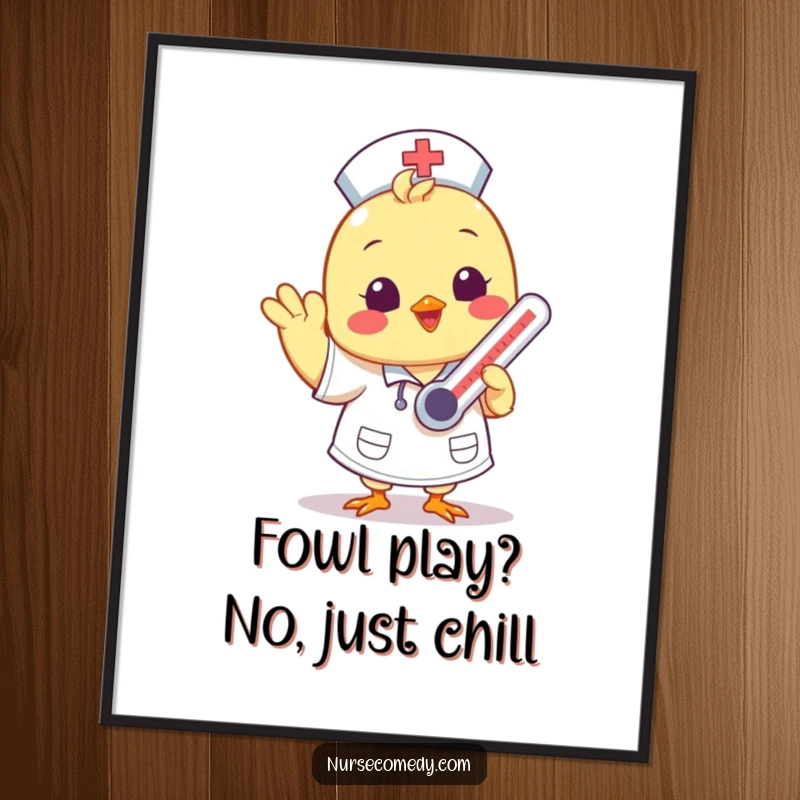 Funny Free Printable Wall Art: A sweet Kawaii chick dressed as a nurse, waving cheerfully while balancing a thermometer, spreading health and smiles.