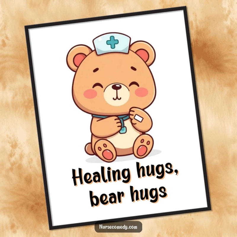 Funny Free Printable Wall Art: A cheerful bear nurse bandaging a tiny paw, radiating warmth and care.