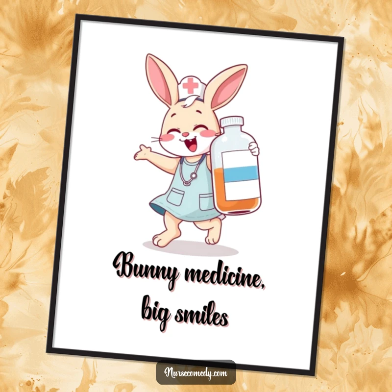 Funny Free Printable Wall Art: Giggling bunny nurse character jumping energetically with a comically large medicine bottle, adding playful charm.