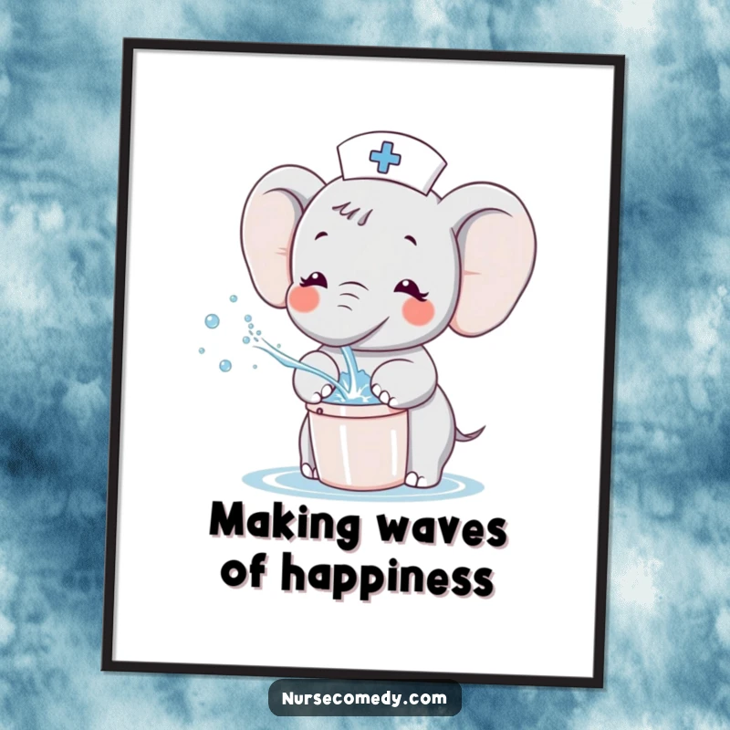 Funny Free Printable Elephant Nurse Wall Art depicting a cute elephant character joyfully splashing water from a tiny bucket, ideal for cheerful decor.