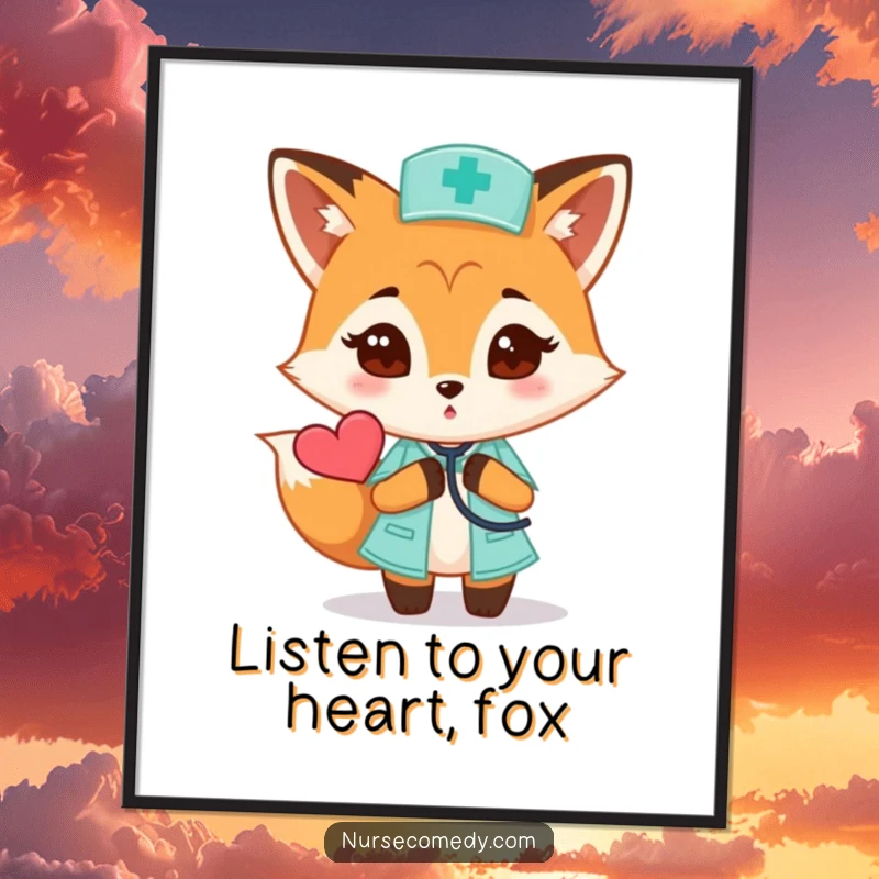 Funny Free Printable Wall Art: Curious fox nurse holding stethoscope to heart, whimsical downloadable animal art.