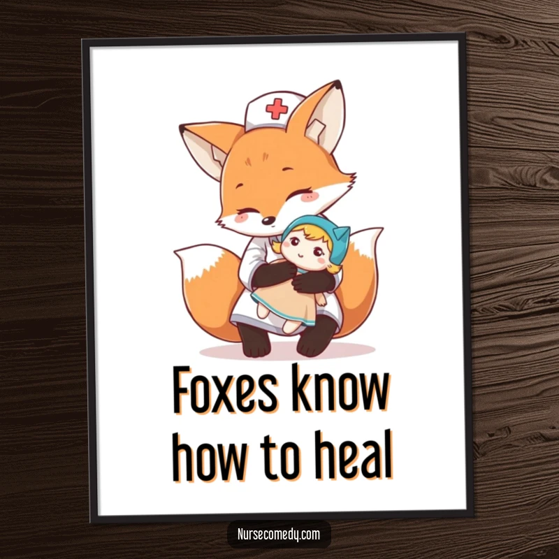 Funny Free Printable wall art: A kind fox nurse hugs a doll, creating a heartwarming and humorous scene.