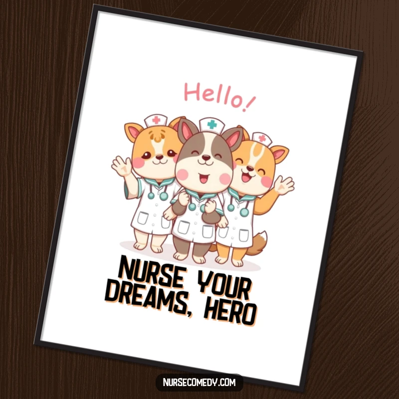 Funny Free Printable Wall Art of cute animal nurses cheerfully waving hello, adding a touch of humor and charm to any room.