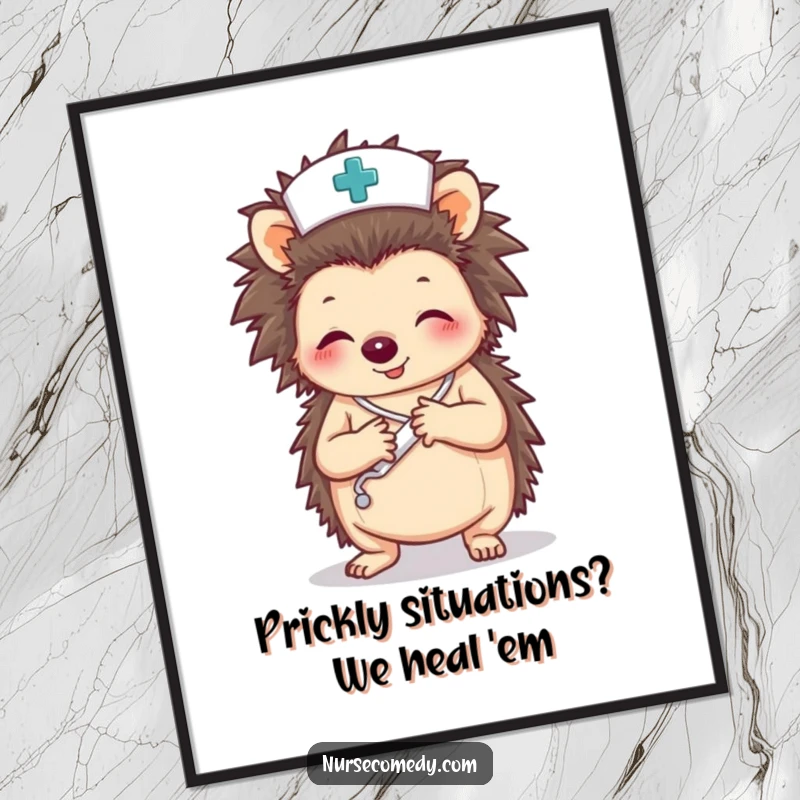 Funny Free Printable Wall Art: A cute hedgehog nurse character carefully wrapping a paw with a white bandage.