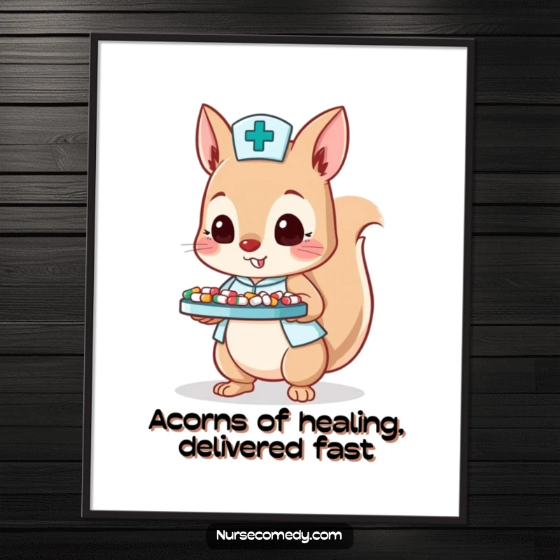 Funny Free Printable Wall Art: A squirrel nurse character diligently balancing a tray filled with tiny health pills.