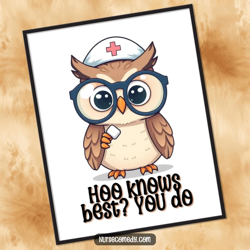 Funny Free Printable Owl Nurse Wall Art: A curious owl nurse peers intently through giant glasses at a single pill.