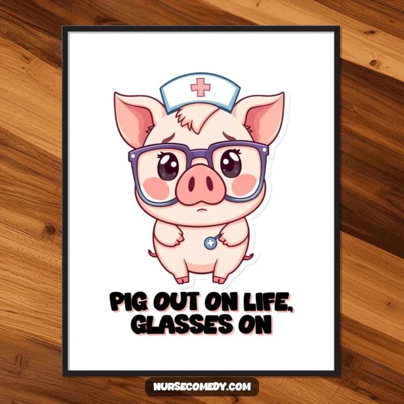 Funny Free Printable Wall Art: A kawaii pig nurse in oversized glasses, comically surprised, perfect for quirky decor.