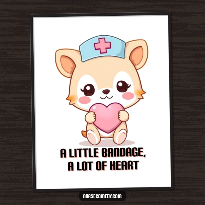 Funny Free Printable Wall Art: A Kawaii nurse animal with a heart bandage radiates care and cheerful healing vibes.