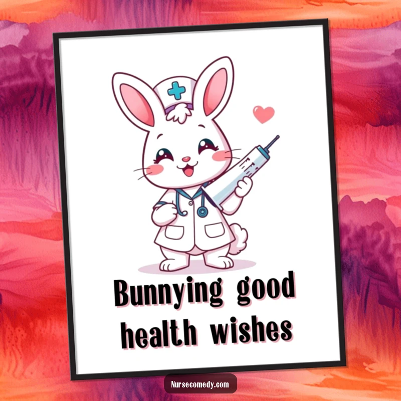 Funny Free Printable Wall Art: A kawaii bunny nurse smiling with a giant syringe, whimsical art.
