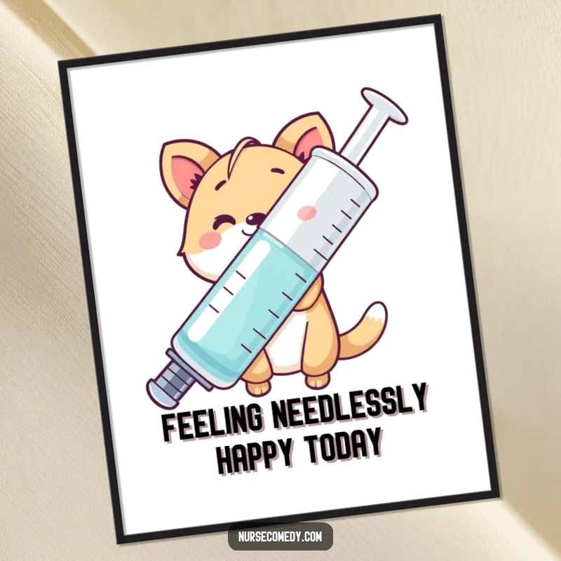 Funny Free Printable Wall Art featuring a smiling animal peeking from behind a giant syringe, a humorous downloadable decor item.