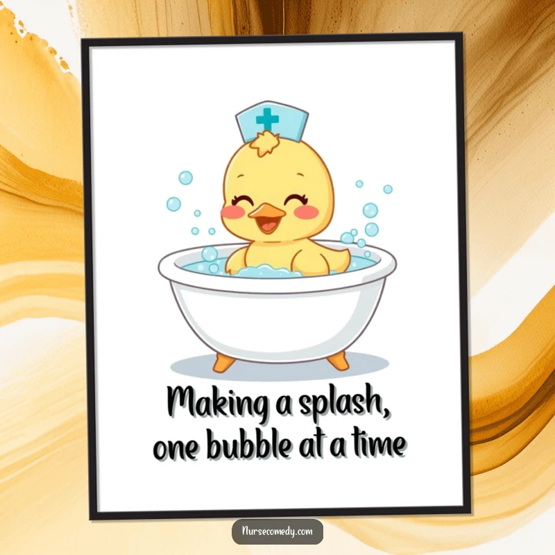 Funny Free Printable wall art: A cute duckling nurse happily splashing in a tiny bathtub filled with large, playful bubbles.