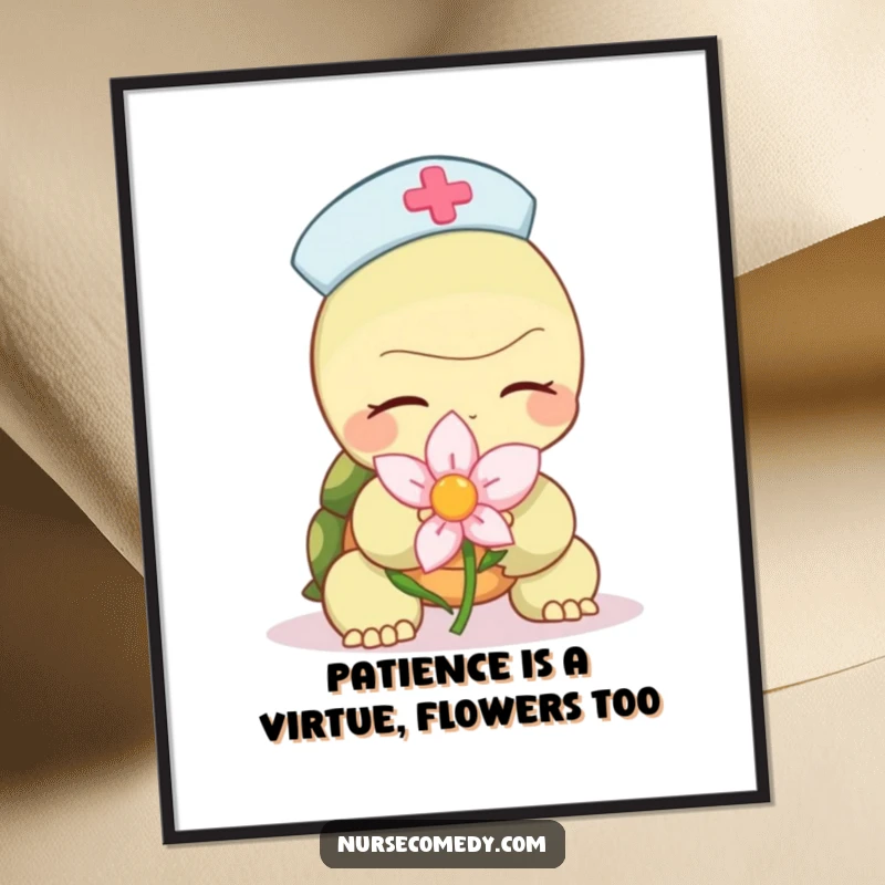 Funny Free Printable Wall Art: A slow, calm turtle nurse character offers a delicate flower, creating a serene and humorous scene.