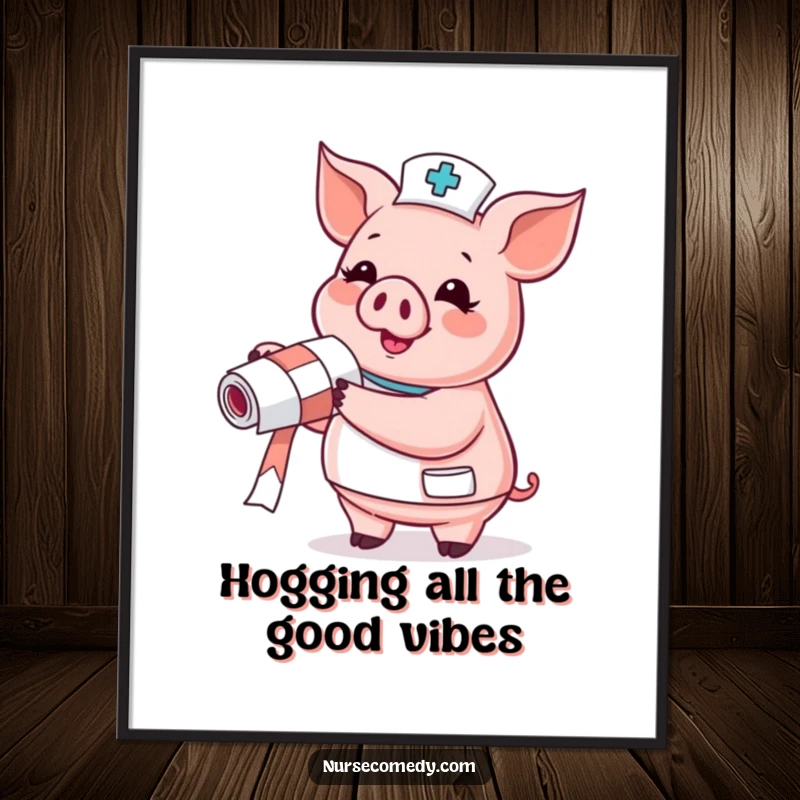 Funny Free Printable Wall Art: Pig nurse holding a bandage roll with glee, whimsical downloadable decor.