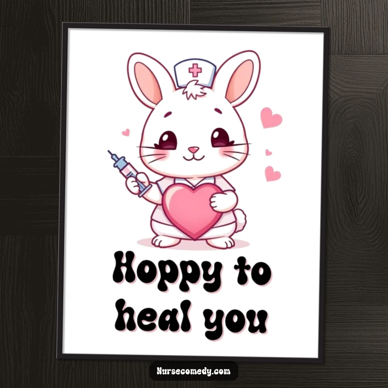 Funny Free Printable Wall Art: A cute rabbit nurse winking, holding a syringe and heart, radiating cheerful care.