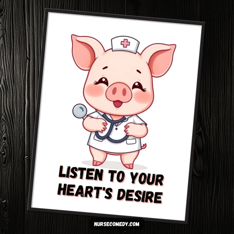 Funny Free Printable Wall Art: A happy piglet nurse character listens to a chest with a stethoscope.