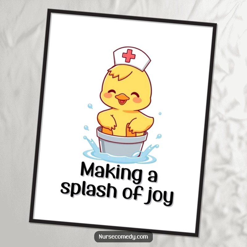 Funny Free Printable Wall Art: Duck nurse happily splashing water in a bucket, whimsical downloadable decor.
