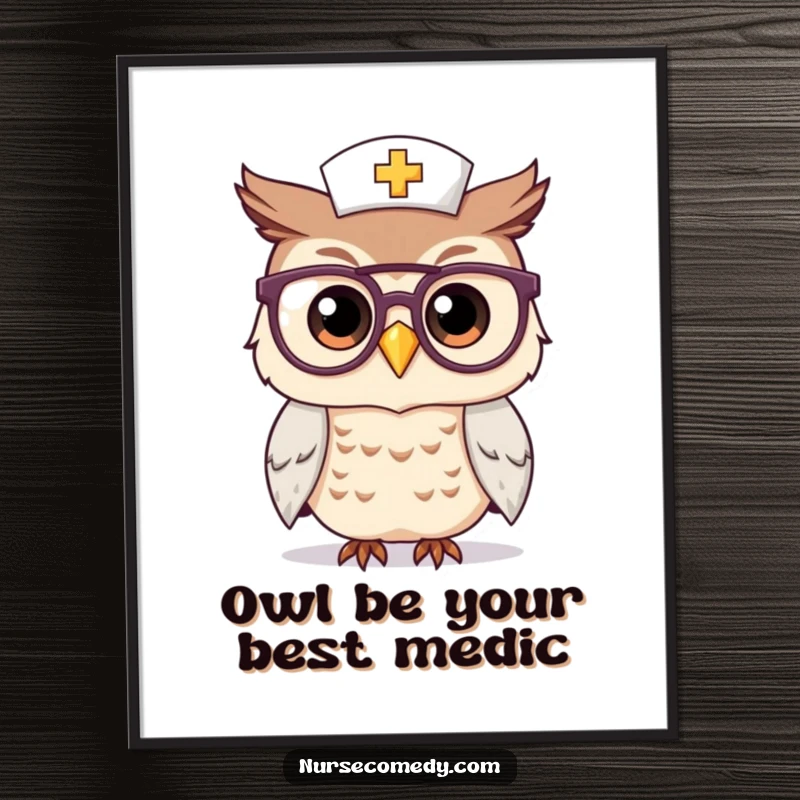 Funny Free Printable Wall Art: A kawaii owl nurse peering through spectacles, offering a knowing smile and humorous charm.
