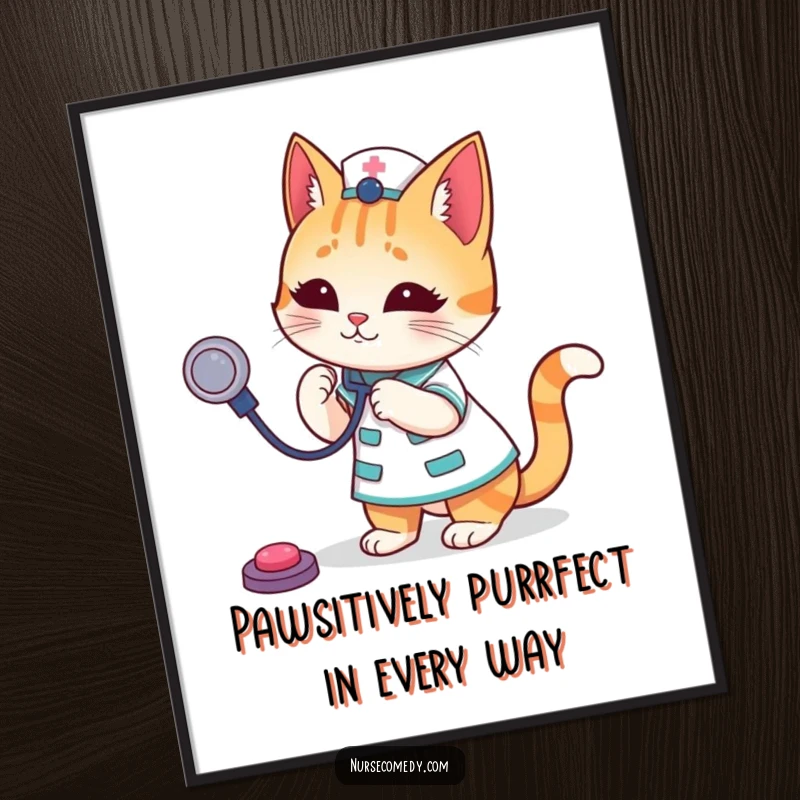 Funny Free Printable Wall Art: A cat nurse character playfully bouncing a stethoscope like a toy, adding humor to any room.