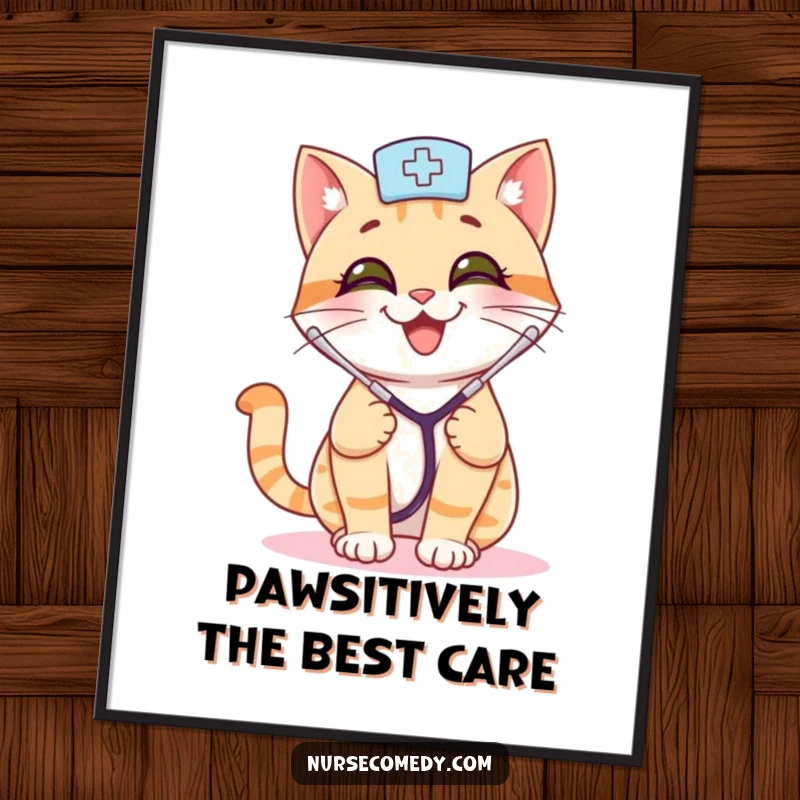 Funny Free Printable Wall Art: A smiling cat nurse with a stethoscope bouncing playfully, radiating happy energy.
