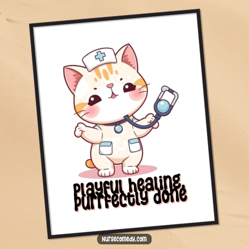 Funny Free Printable Wall Art: A kawaii cat nurse joyfully bouncing a stethoscope as if it were a fun toy, radiating cheer.
