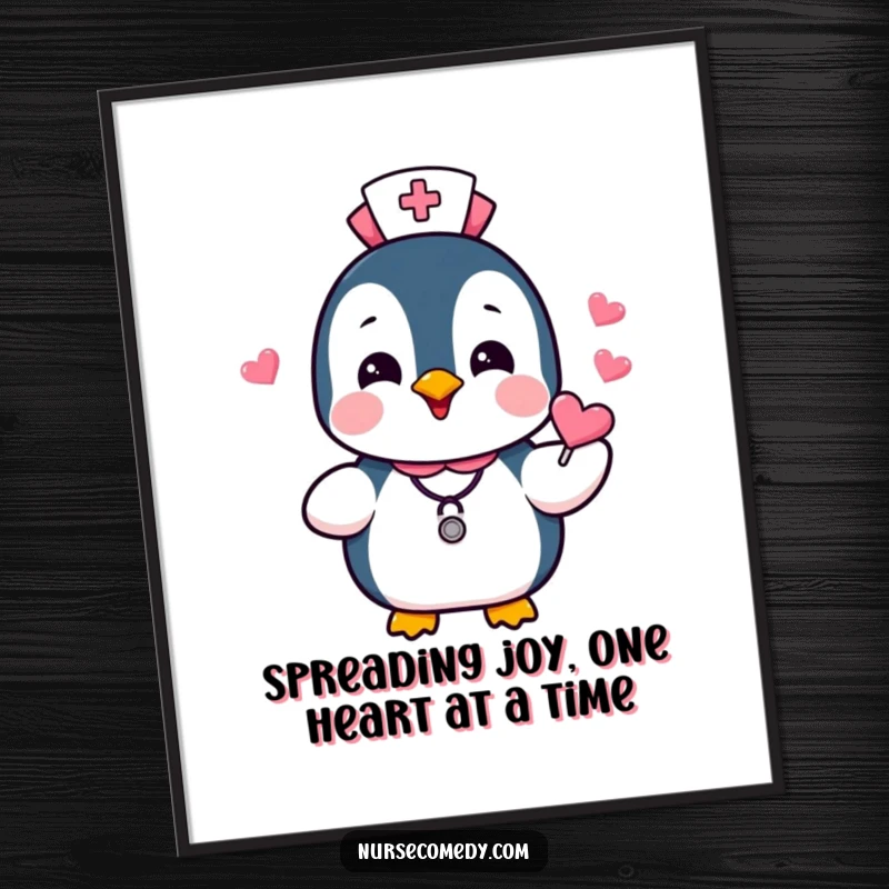 Funny Free Printable Wall Art: A penguin nurse gleefully offering heart-shaped candies, a sweet and humorous addition to any room.