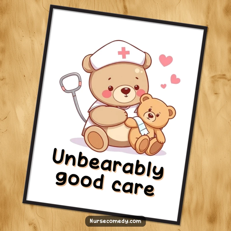 Funny Free Printable Wall Art: A bear nurse happily bandaging a teddy bear's limb, radiating warmth and care.