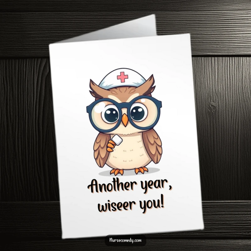 Funny Free Printable Owl Nurse Birthday Card: An owl nurse with big glasses studies a pill, offering birthday wishes.