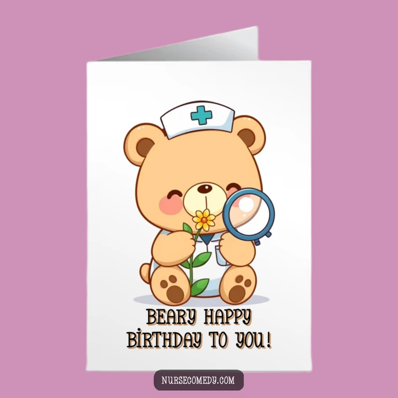 Free Printable Birthday Card: Kawaii Bear Nurse Flower Study, Sweet Humorous Downloadable Gift