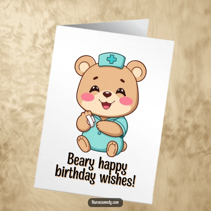 Funny Free Printable Birthday Card: Happy bear nurse character cheerfully bandages a small paw with a big smile, sending birthday cheer.