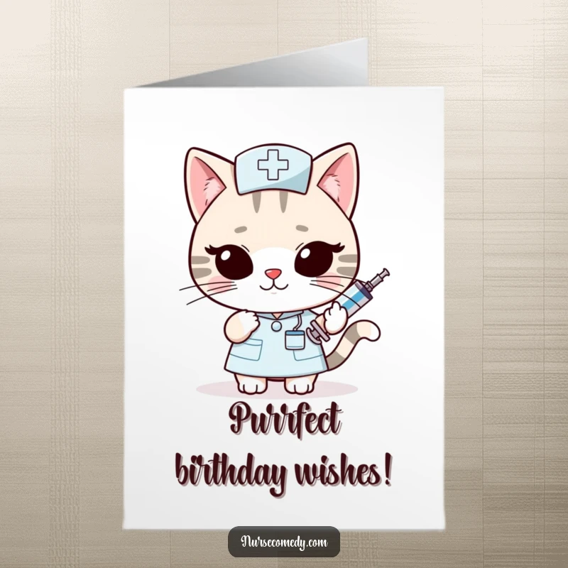 Funny Free Printable Birthday Card: Kawaii cat nurse slyly offering oversized syringe, wink, perfect DIY gift.