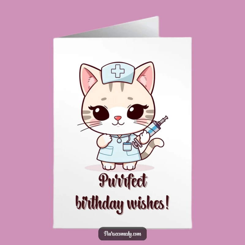 Free Printable Birthday Card: Funny Cat Nurse, Giant Syringe, Downloadable Gift