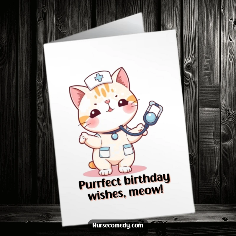 Funny Free Printable Birthday Card: A kawaii cat nurse gleefully bouncing a stethoscope around like it's a fun toy.