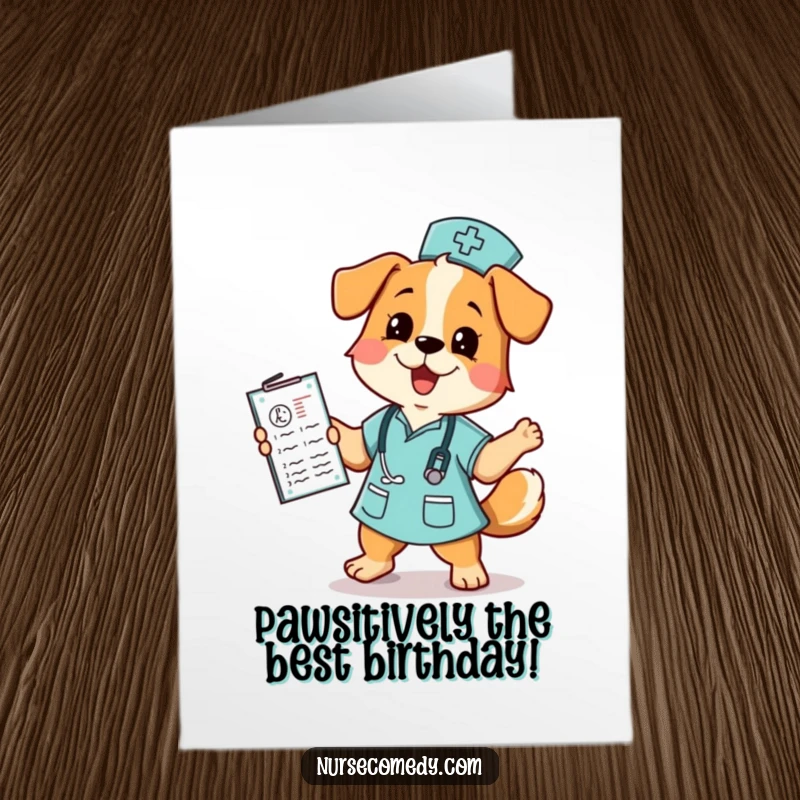 Funny Free Printable Dog Nurse Birthday Card: A happy dog in nurse attire dances joyfully with a medical chart.