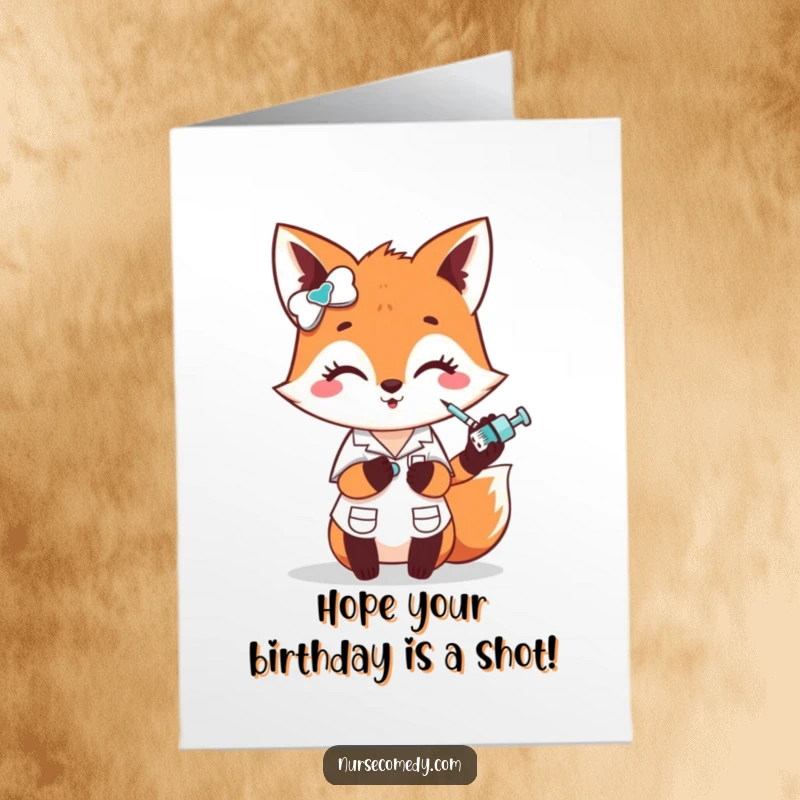 Funny Free Printable Birthday Card: Cute fox nurse character joyfully gives a tiny, playful poke with a miniature syringe, wishing happy birthday.