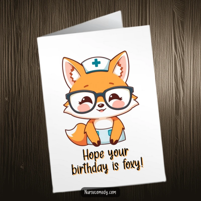 Funny Free Printable Fox Nurse Birthday Card: Wise fox doctor peeking over glasses, offering a warm, humorous birthday greeting.